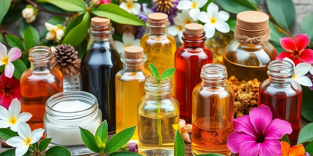 Extratos botânicos em frascos com folhas e flores.