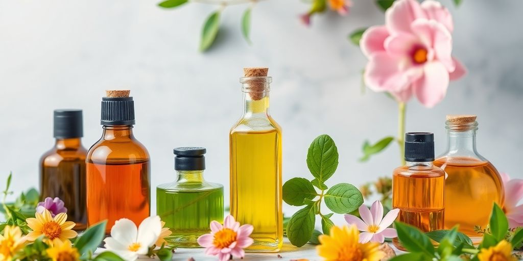 Óleos vegetais e essenciais com ervas frescas e flores.