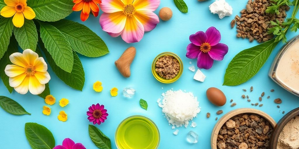 Ingredientes naturais para cosméticos veganos em uma imagem.
