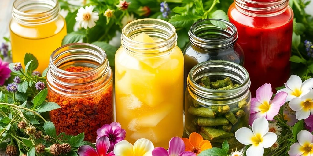 Extratos botânicos em frascos com ervas e flores.