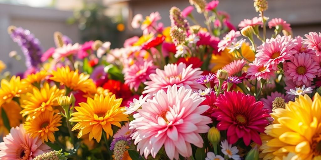 Flores coloridas em um ambiente iluminado e positivo.